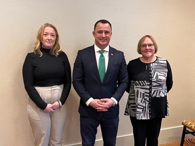 Executive Director, Rachel Burns and Board Chair Margaret Fancy with the Minister of Children, Community and Social Services, Michael Parsa, at ROMA 2024.